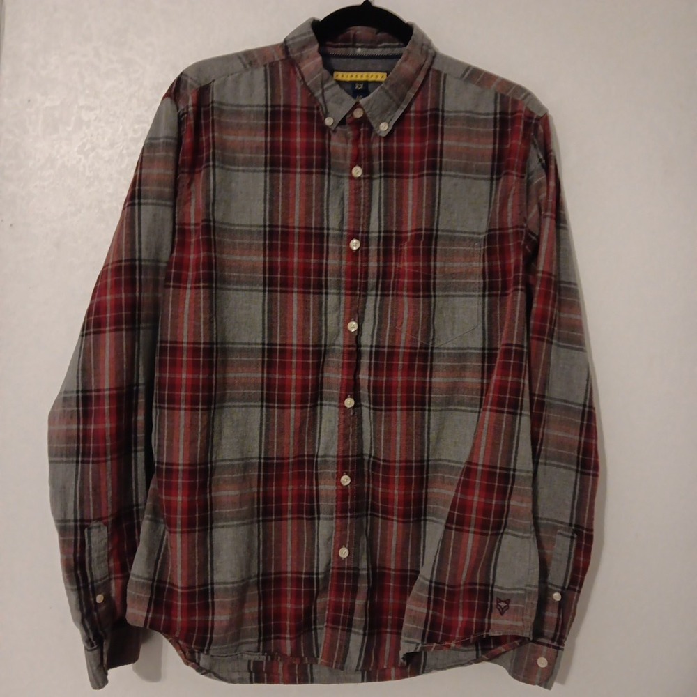 Prince & Fox Men's Button Down Long Sleeved‎ Shirt  Sz. L Gray/Red/Black Plaid